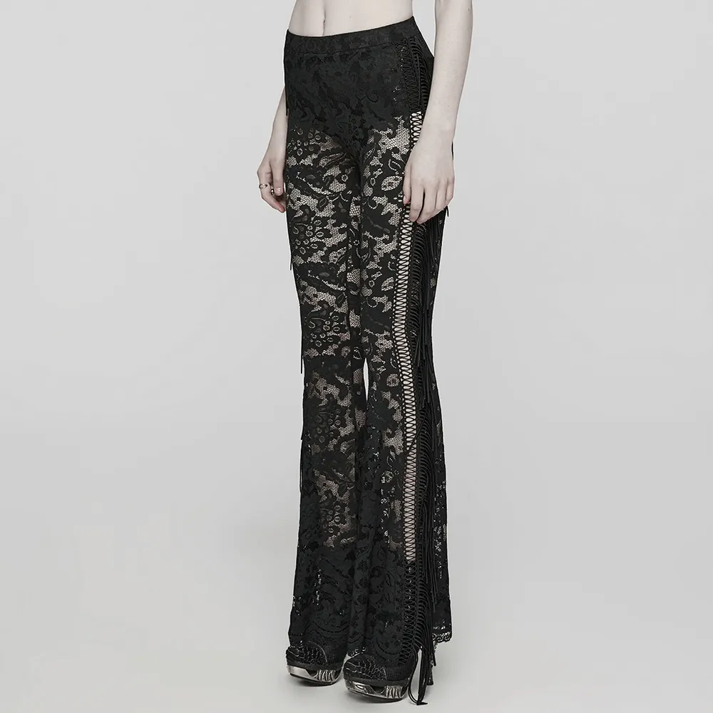 Stylish Gothic Black Lace Fringed Flare Pants