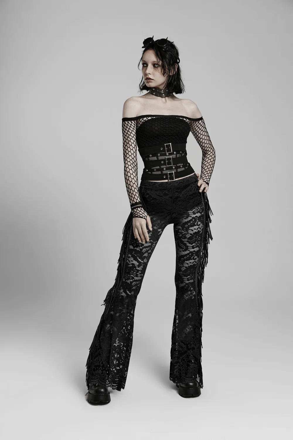 Stylish Gothic Black Lace Fringed Flare Pants