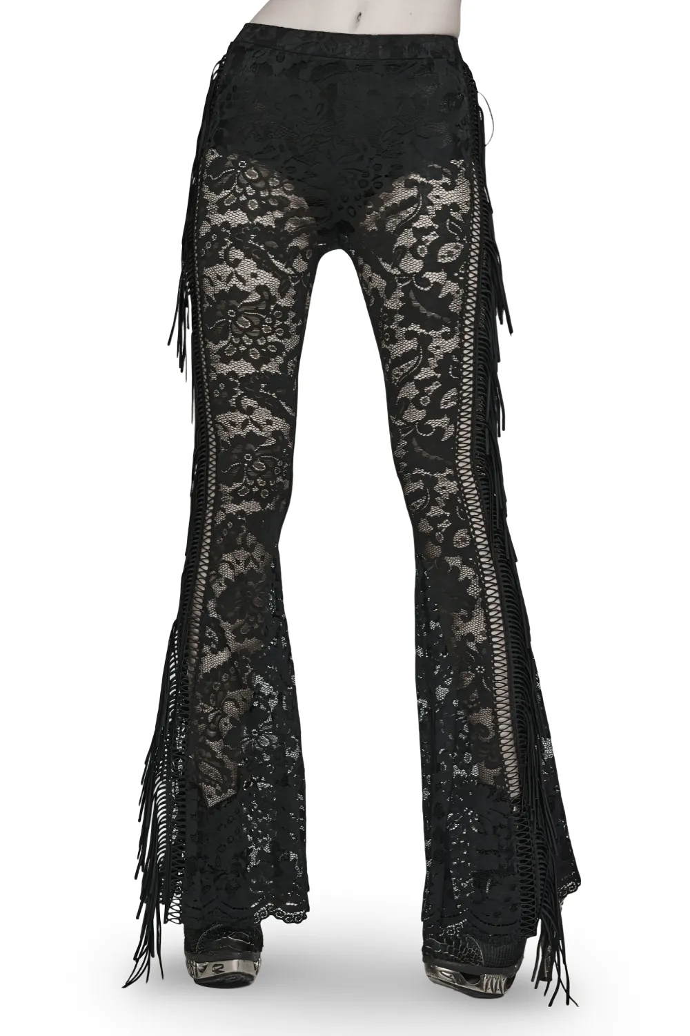 Stylish Gothic Black Lace Fringed Flare Pants