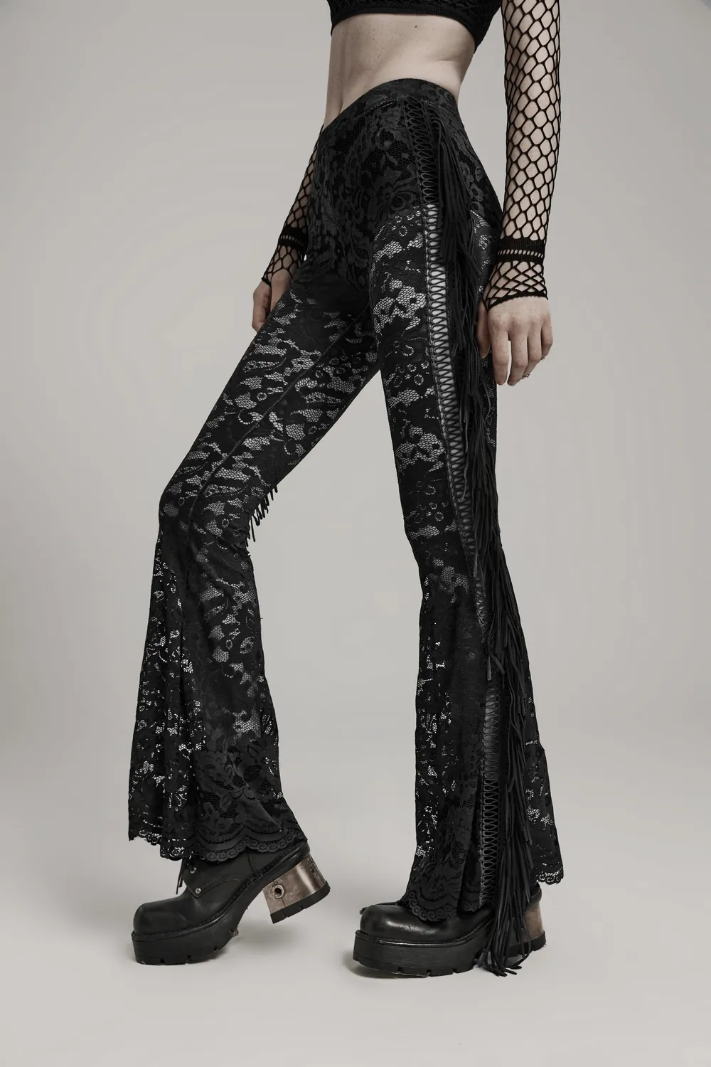 Stylish Gothic Black Lace Fringed Flare Pants
