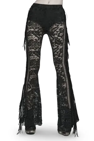 Stylish Gothic Black Lace Fringed Flare Pants
