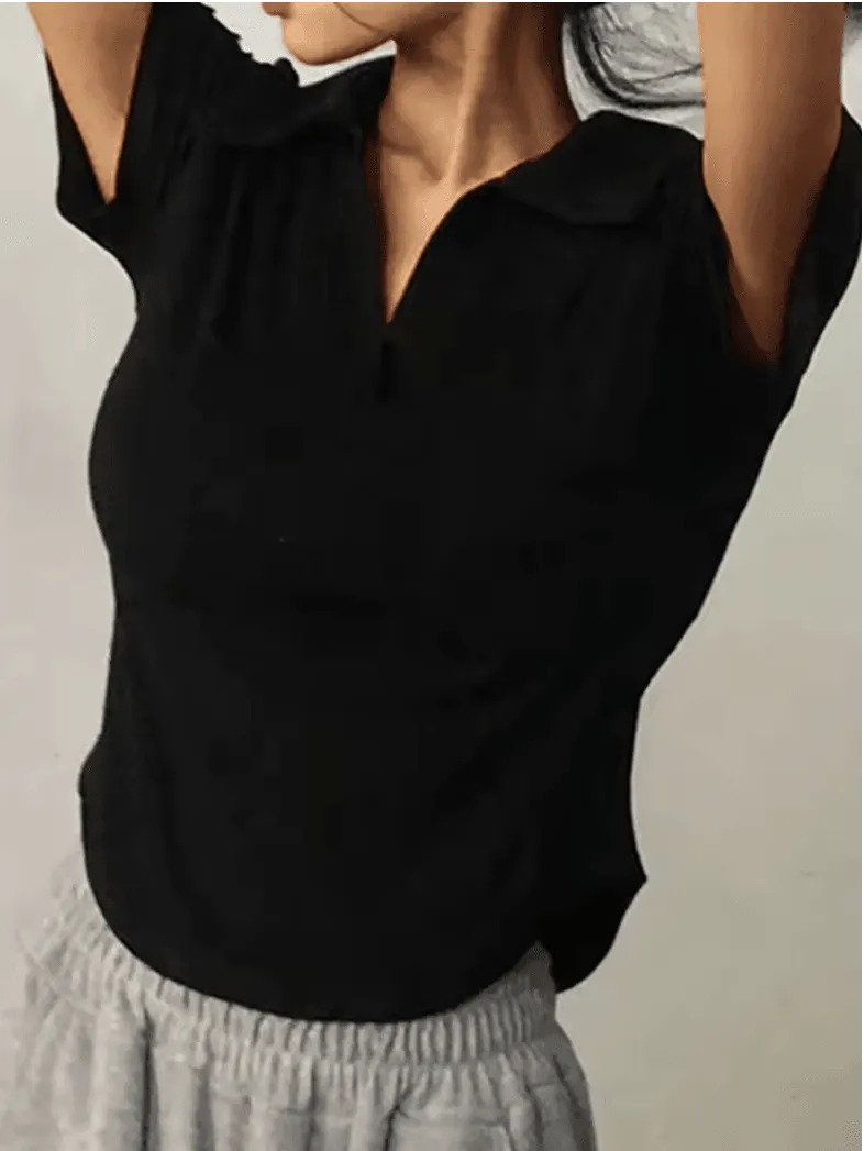 Summer Short Sleeve Lapel Top – Women’s Retro V-Neck Crop Tee | Slim & Versatile