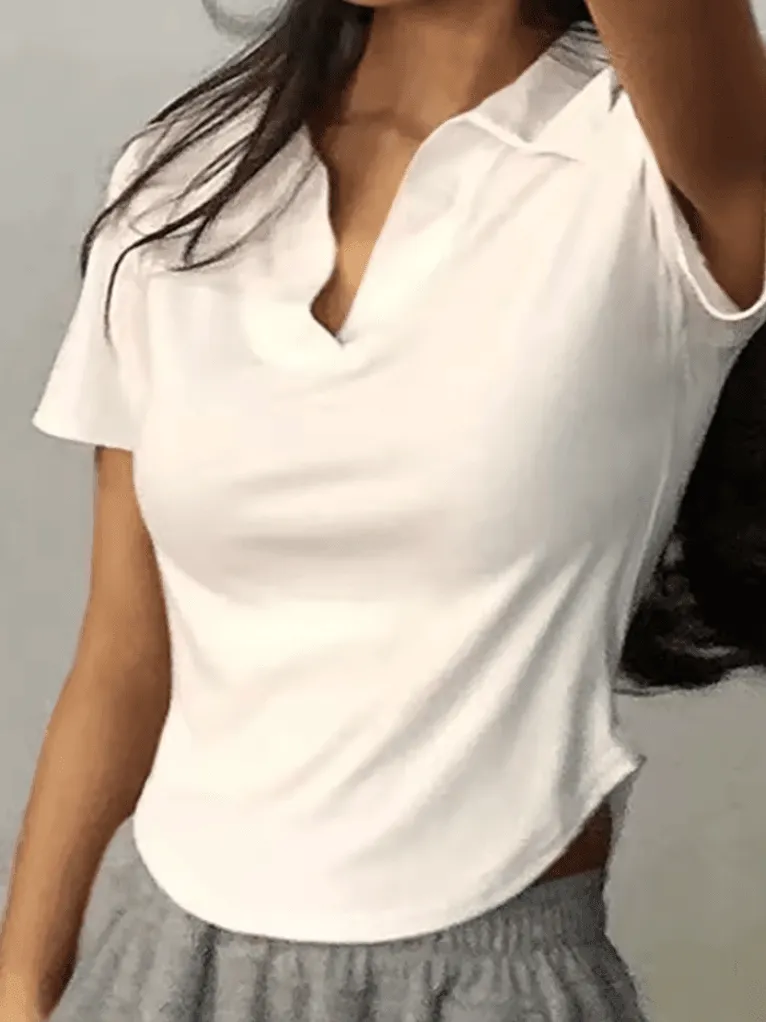 Summer Short Sleeve Lapel Top – Women’s Retro V-Neck Crop Tee | Slim & Versatile