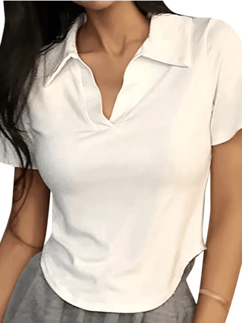 Summer Short Sleeve Lapel Top – Women’s Retro V-Neck Crop Tee | Slim & Versatile