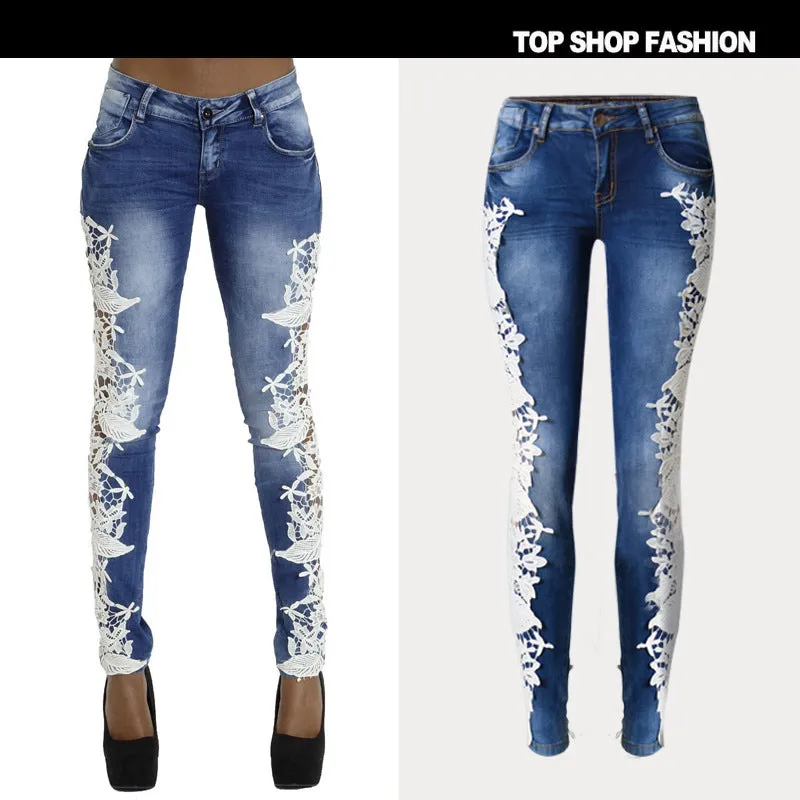 Transparent Lace Patchwork Low Waist Slim Zipper Pants