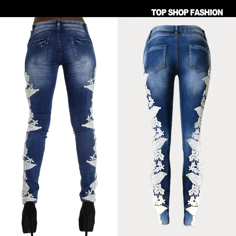 Transparent Lace Patchwork Low Waist Slim Zipper Pants