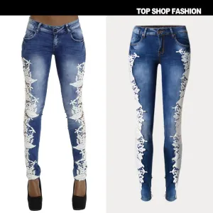 Transparent Lace Patchwork Low Waist Slim Zipper Pants