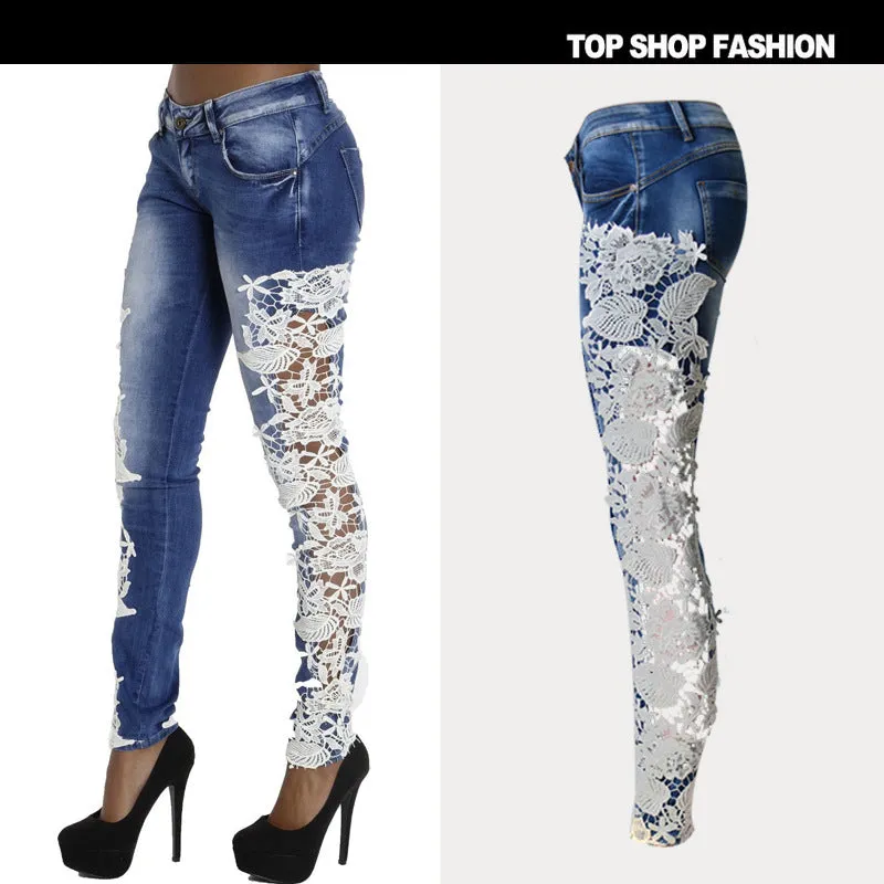 Transparent Lace Patchwork Low Waist Slim Zipper Pants