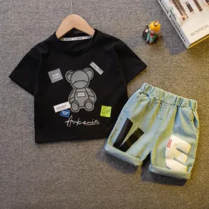 trendy baby clothes wholesale Toddler Boy Bear Pattern T-shirt & Letter Pattern Shorts