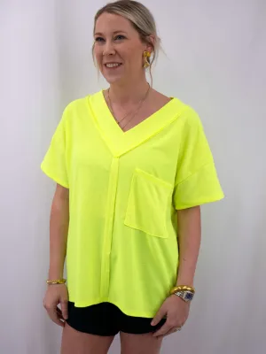 V-Neck Pocket Oversized Neon Tee