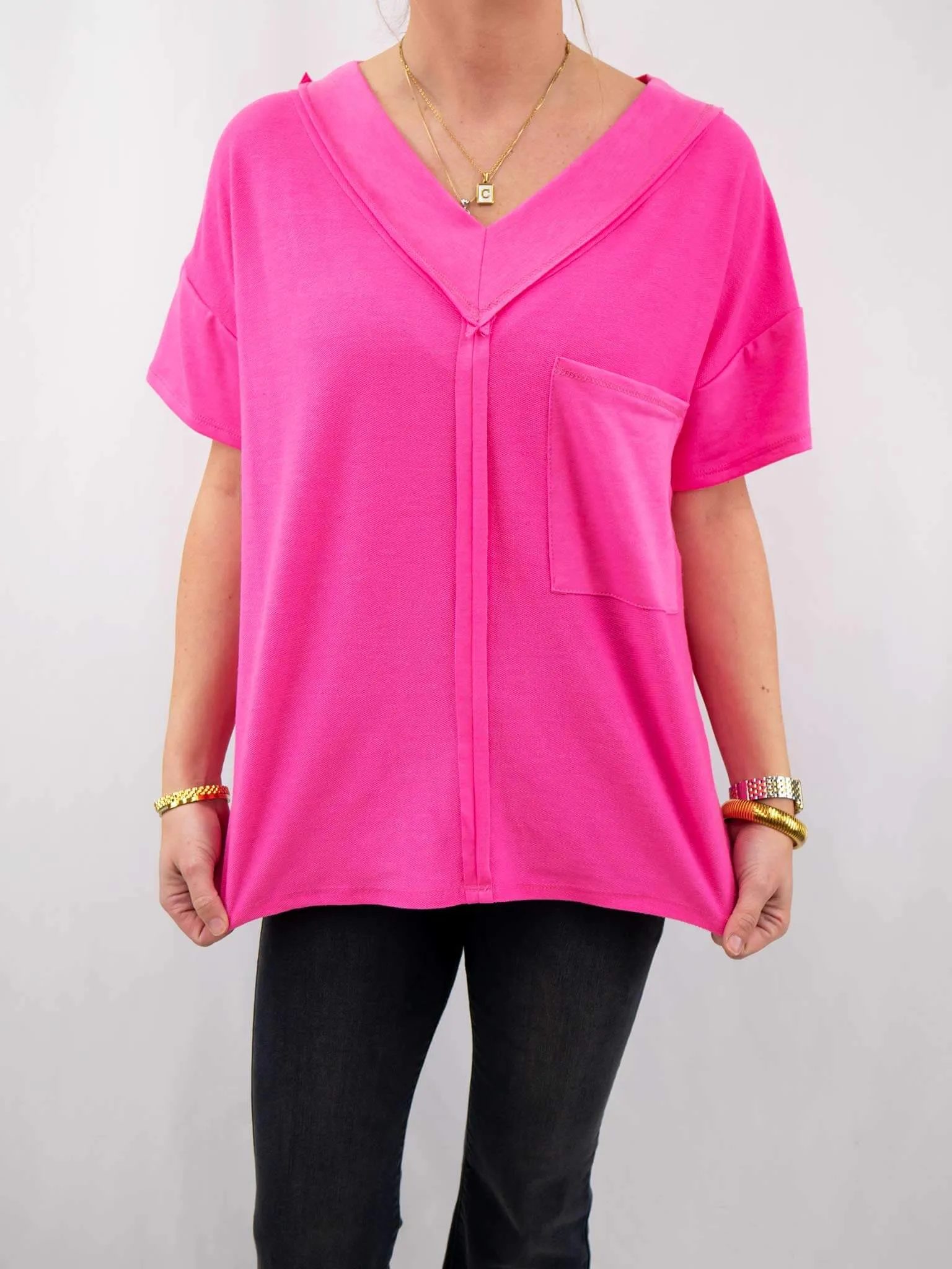 V-Neck Pocket Oversized Neon Tee