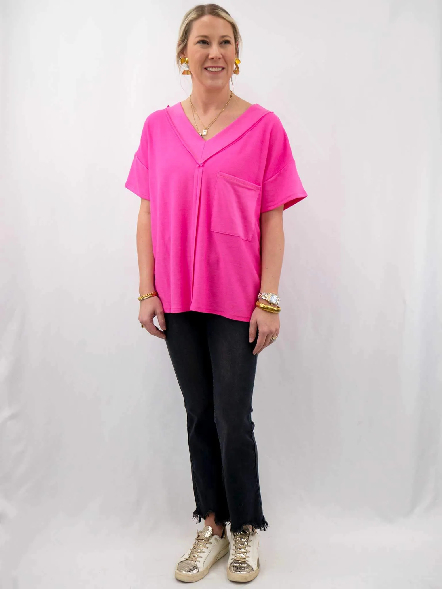 V-Neck Pocket Oversized Neon Tee