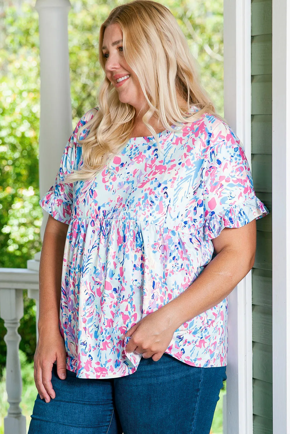 Vibrant Botanical Frill Plus Size Top