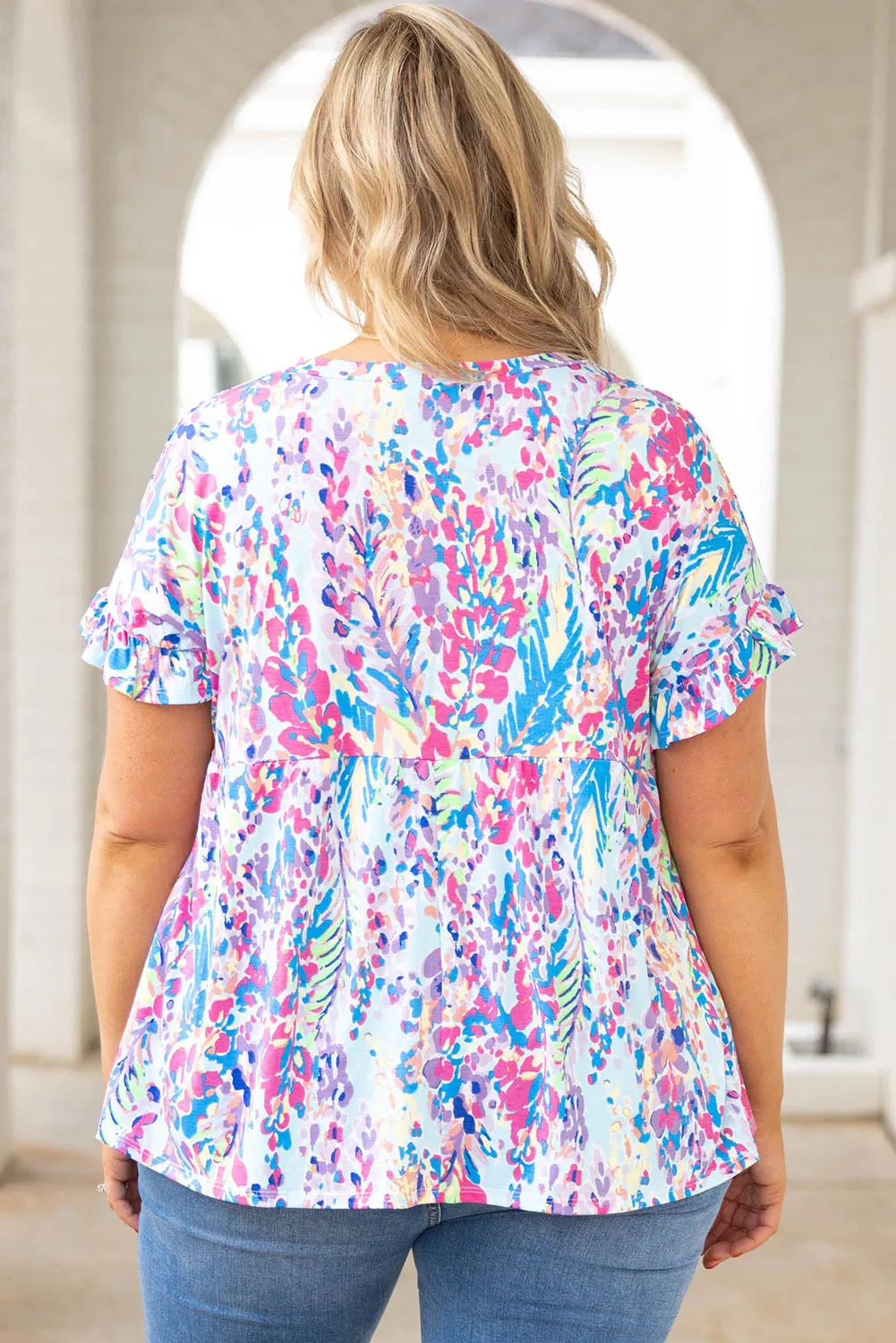 Vibrant Botanical Frill Plus Size Top