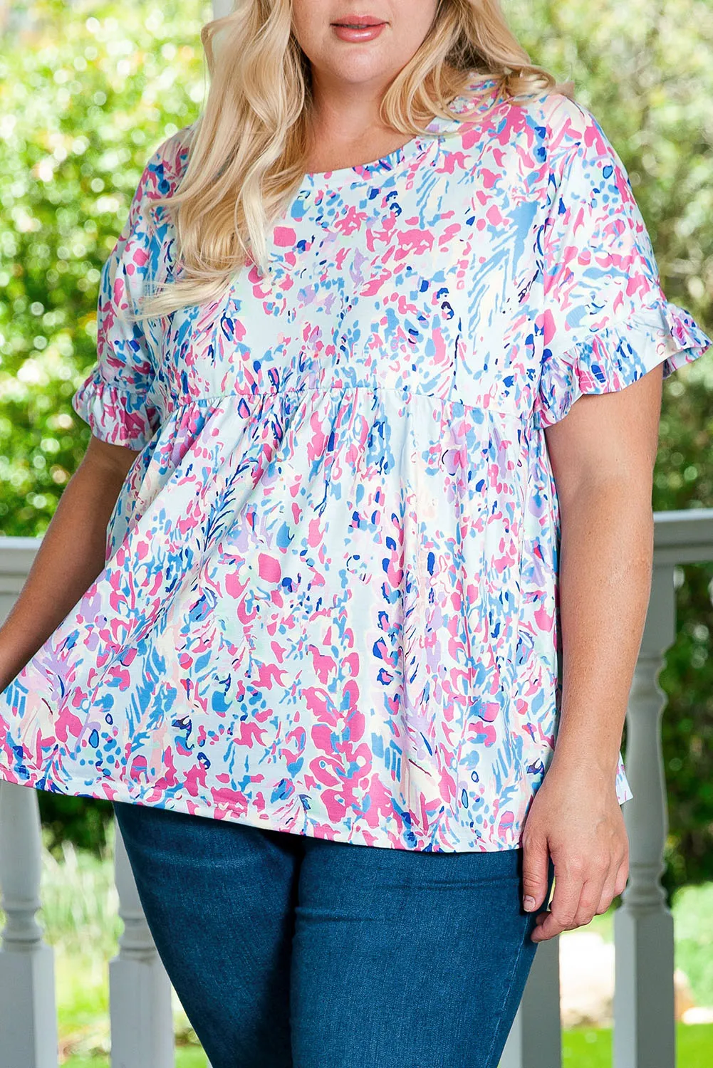 Vibrant Botanical Frill Plus Size Top