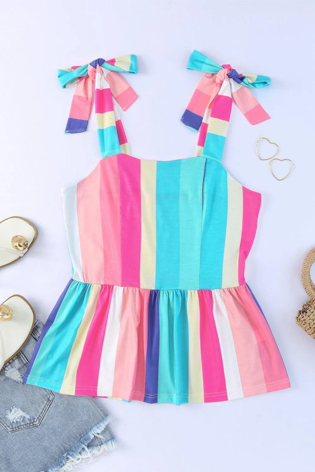 Vibrant Color Block Tie Shoulder Peplum Cami