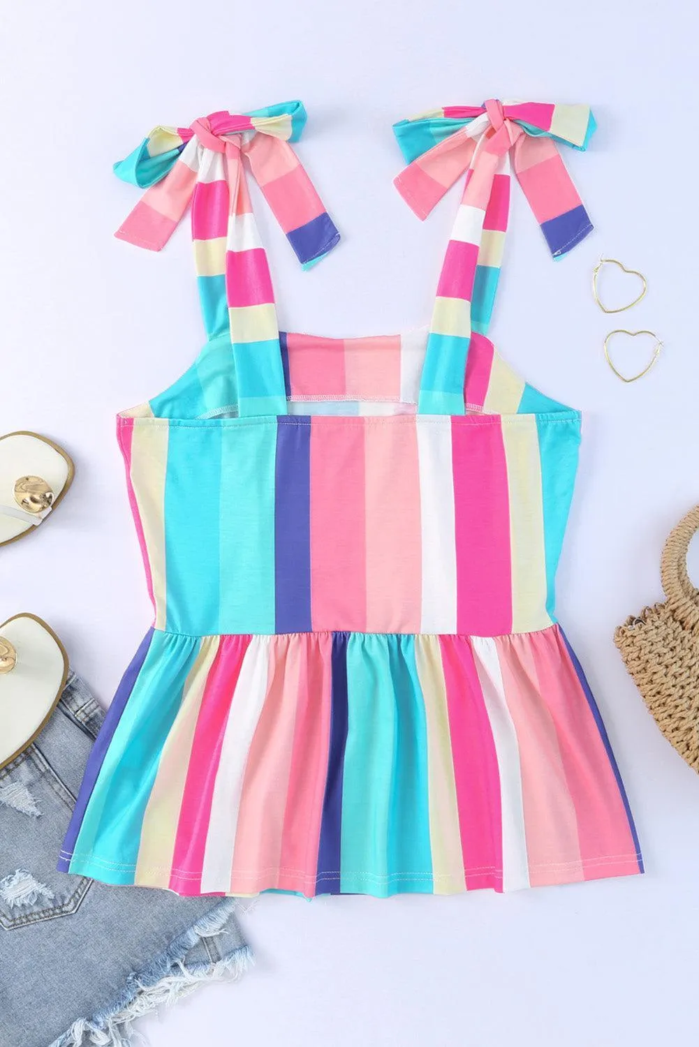 Vibrant Color Block Tie Shoulder Peplum Cami