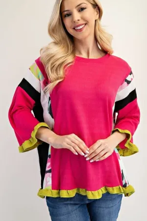 Vibrant Energy Strawberry Color Block Ruffle Sleeve Top
