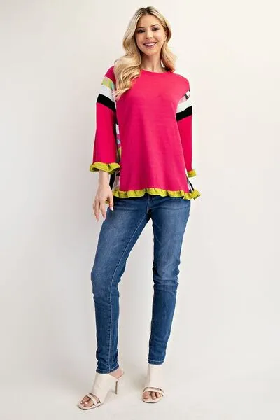 Vibrant Energy Strawberry Color Block Ruffle Sleeve Top