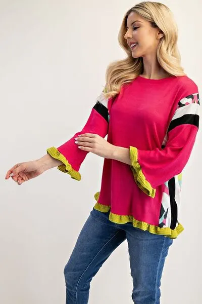 Vibrant Energy Strawberry Color Block Ruffle Sleeve Top