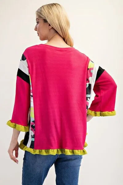 Vibrant Energy Strawberry Color Block Ruffle Sleeve Top