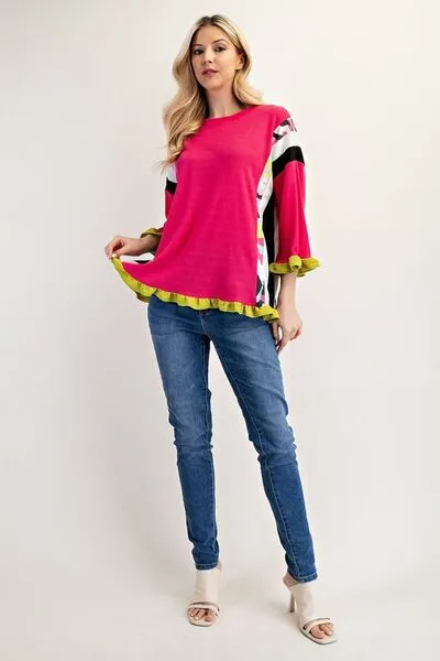 Vibrant Energy Strawberry Color Block Ruffle Sleeve Top