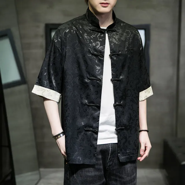 Vibrant short sleeve dragon Tang Dynasty shirt
