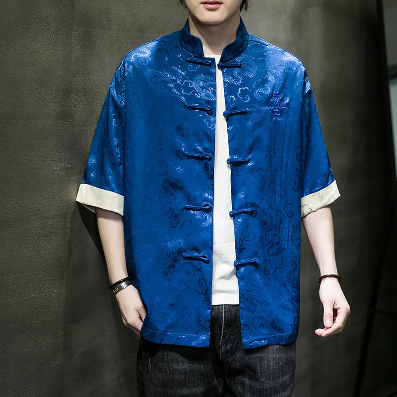 Vibrant short sleeve dragon Tang Dynasty shirt