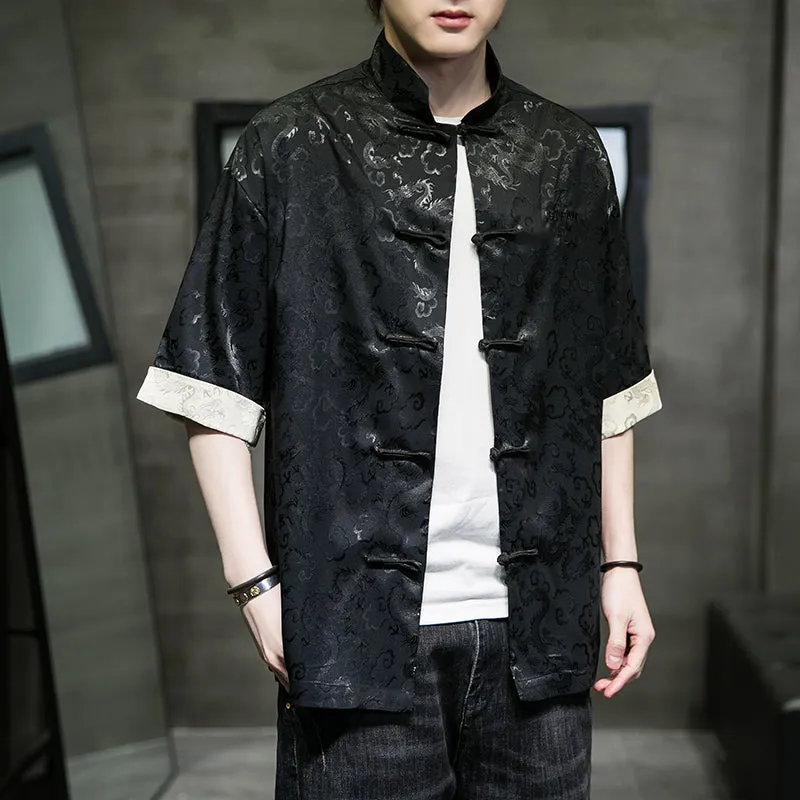 Vibrant short sleeve dragon Tang Dynasty shirt