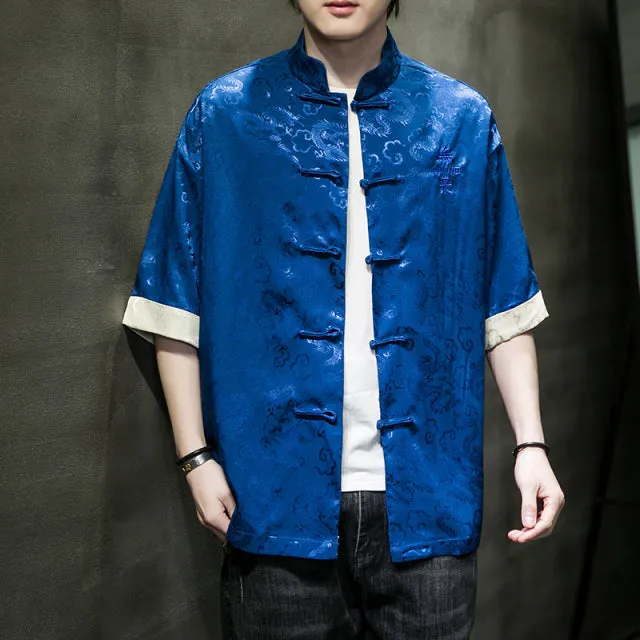 Vibrant short sleeve dragon Tang Dynasty shirt