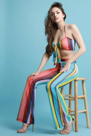 Vibrant Striped Mesh Bandeau Top with Flare Pants Set