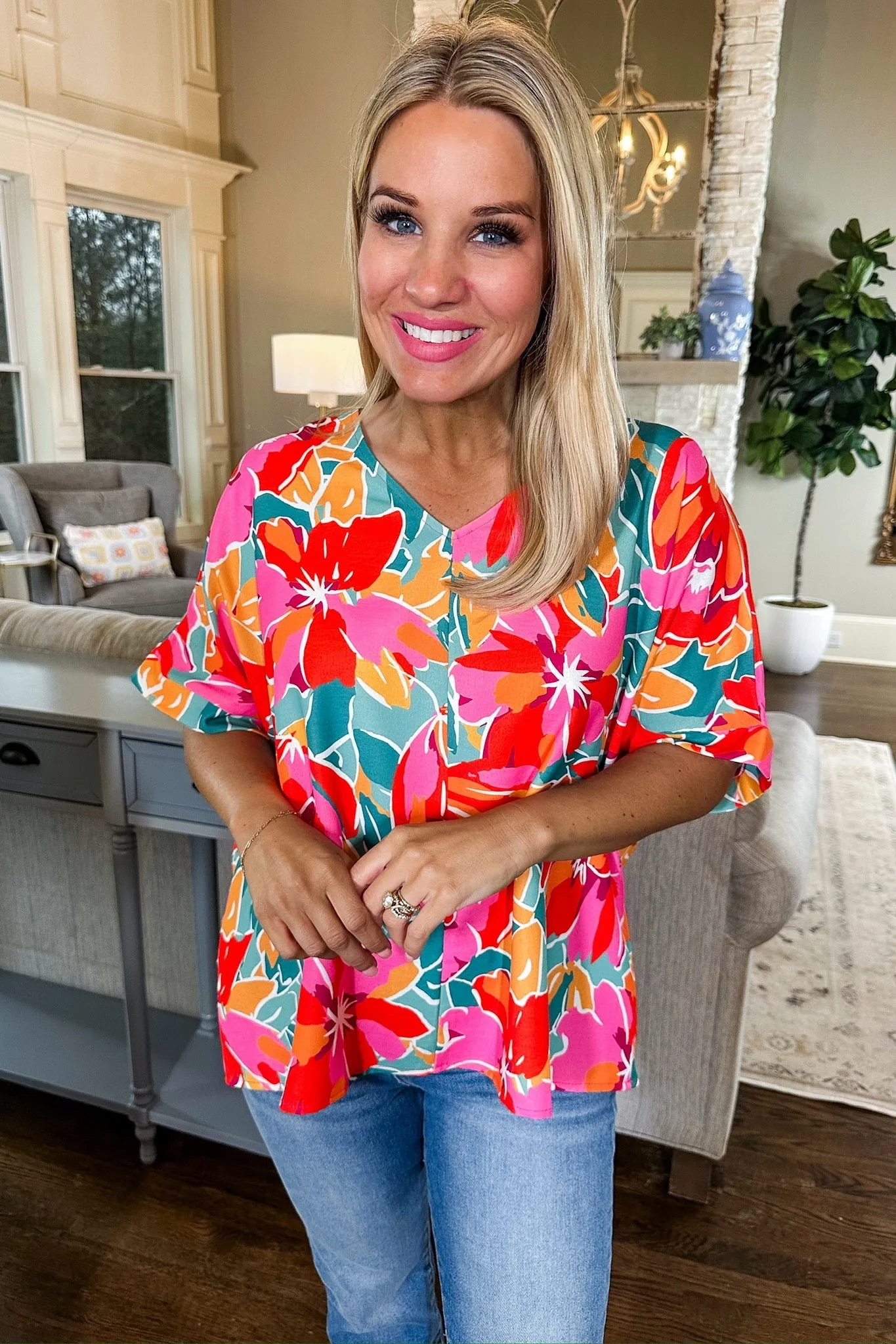 Vibrant Tropical Floral V-Neck Shift Top