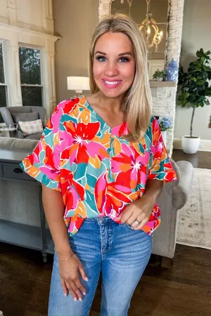 Vibrant Tropical Floral V-Neck Shift Top