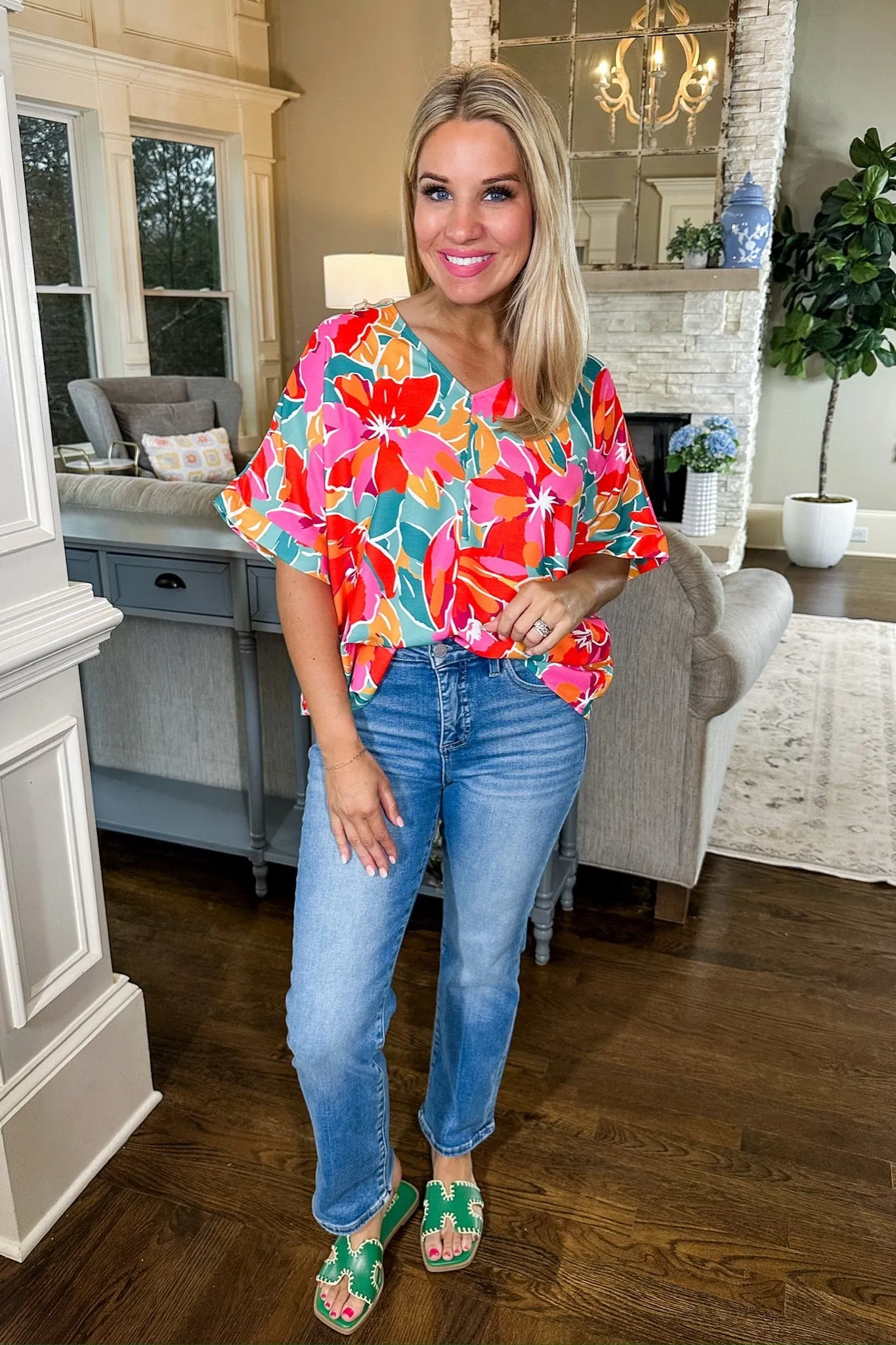 Vibrant Tropical Floral V-Neck Shift Top