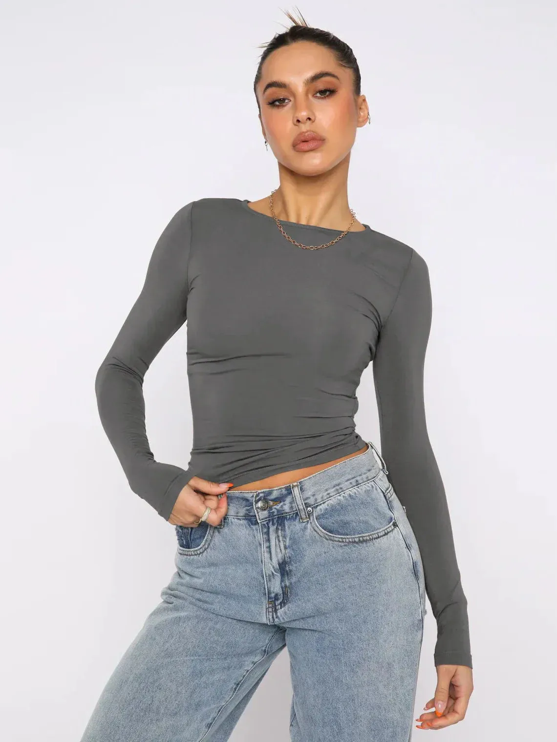 Vintage Bustier Spring Casual Solid Long Sleeve Round Neck T-shirt for Women