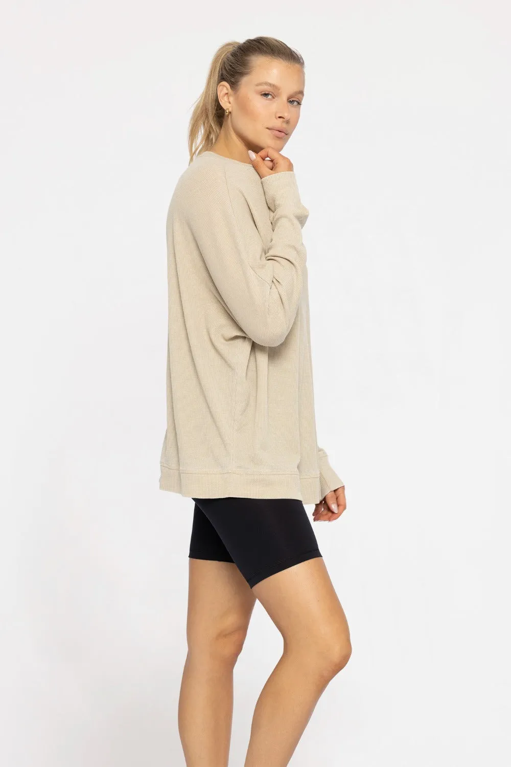 Waffle Knit Oversized Round Neck Pullover - Khaki
