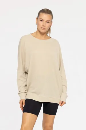 Waffle Knit Oversized Round Neck Pullover - Khaki