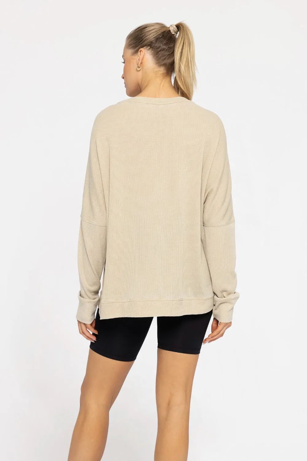 Waffle Knit Oversized Round Neck Pullover - Khaki