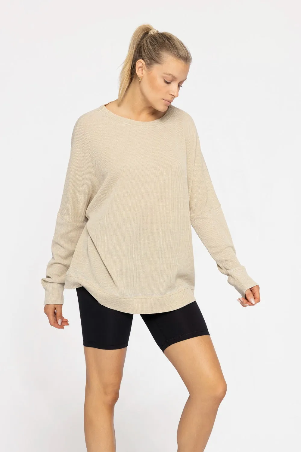 Waffle Knit Oversized Round Neck Pullover - Khaki