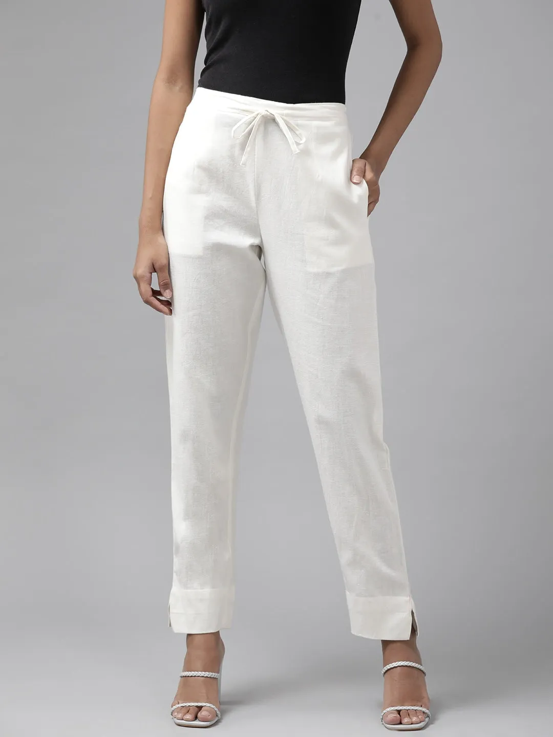 White Cotton Fit Trousers