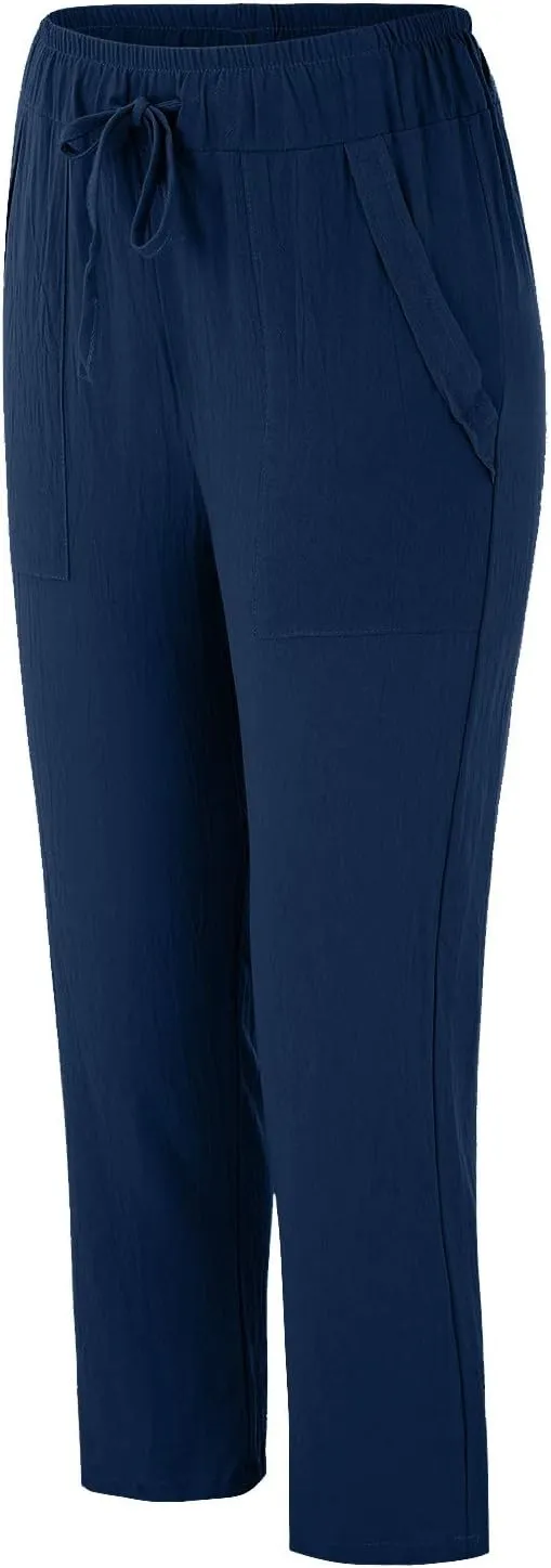 Women's Cotton Linen Summer Floral Palazzo Pants Elastic Waisted Bootcut Slim Fit Trousers Travel