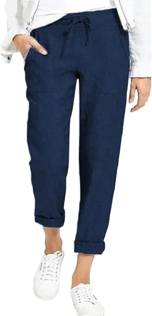 Women's Cotton Linen Summer Floral Palazzo Pants Elastic Waisted Bootcut Slim Fit Trousers Travel