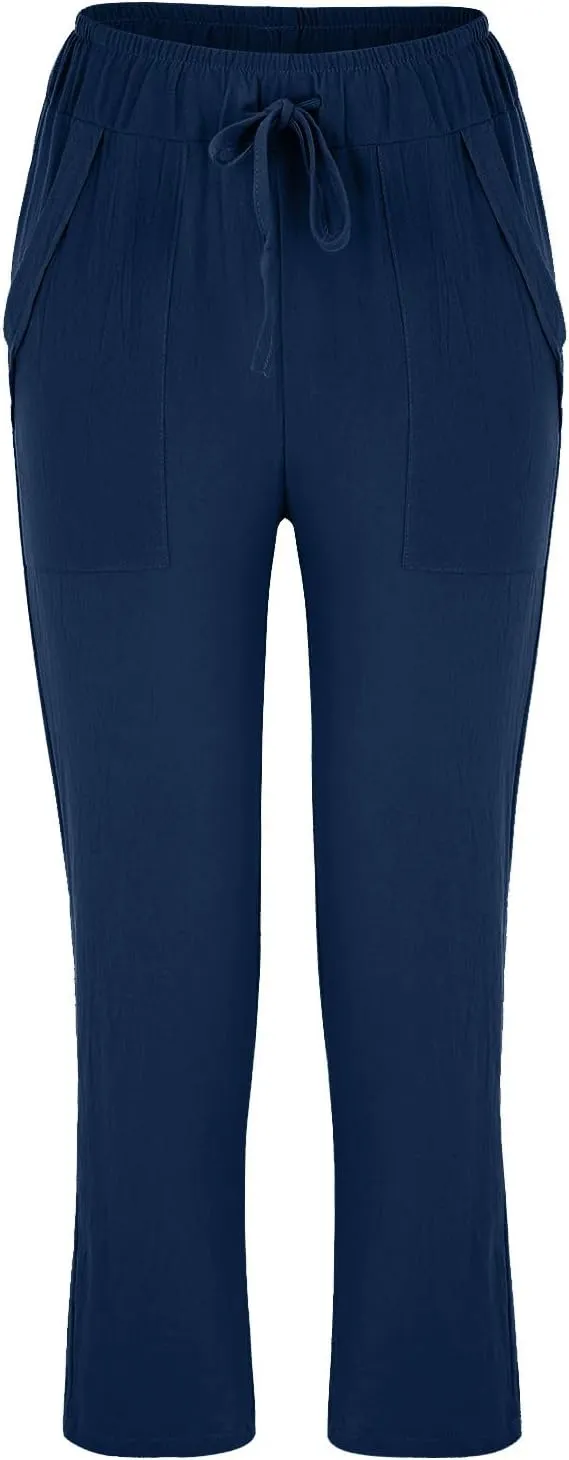 Women's Cotton Linen Summer Floral Palazzo Pants Elastic Waisted Bootcut Slim Fit Trousers Travel