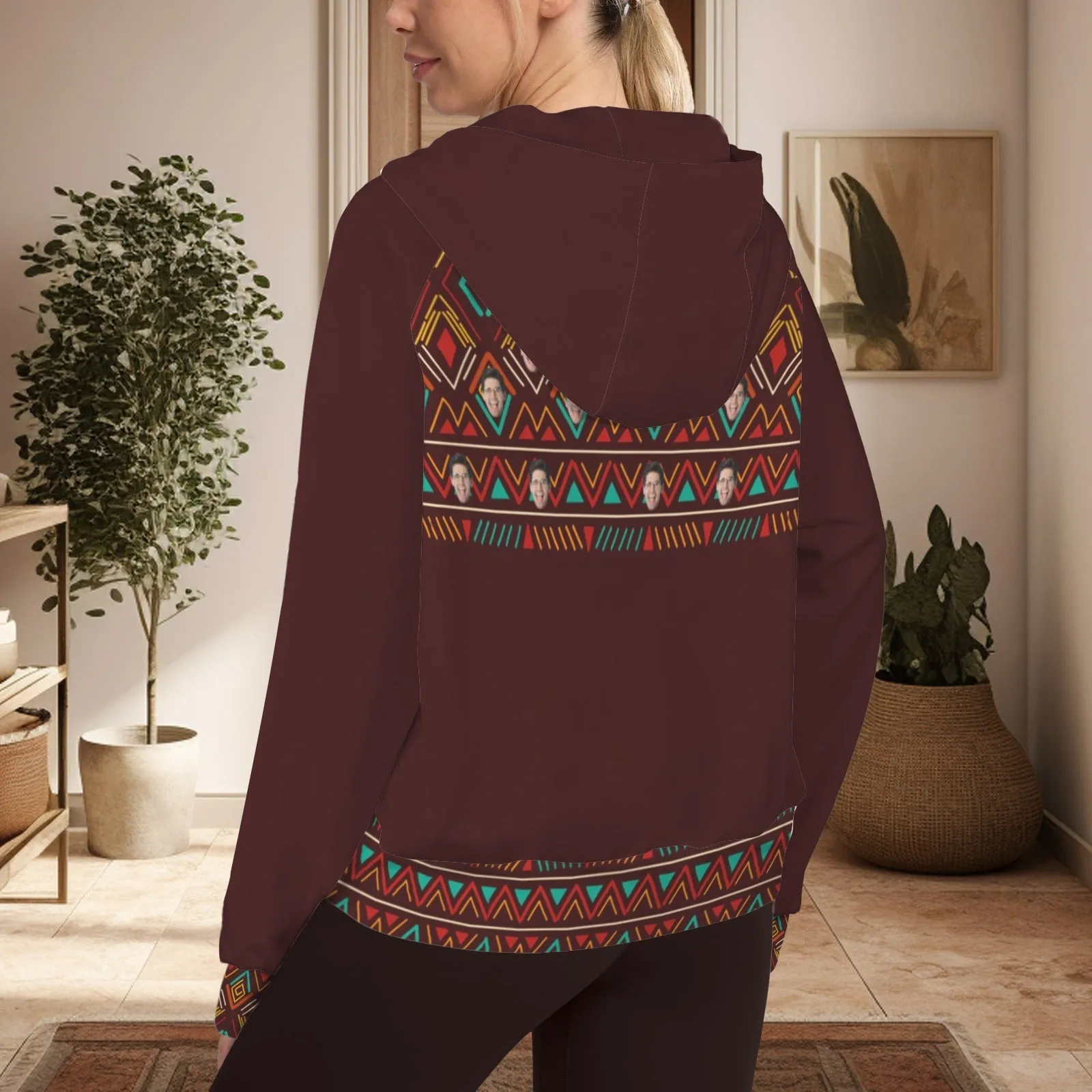 Women's Half Zip Cropped Hoodies Custom Face Ethnic Fleece Athletic Pullover Hoodies with Pockets Thumb Hole