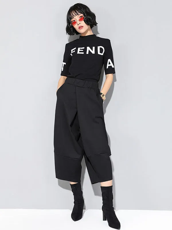xakxx Cool Wide Leg Loose Solid Color Casual Three-Quarter Pants Bottoms