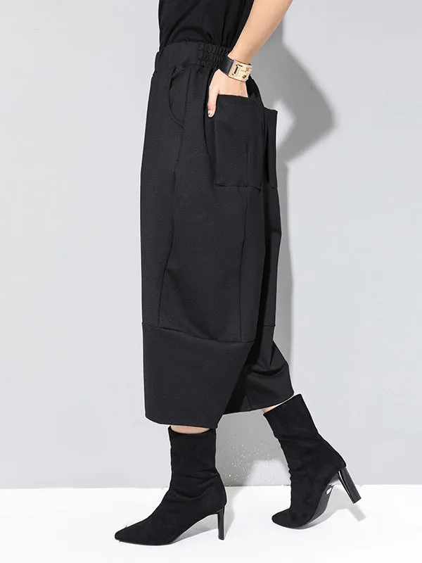 xakxx Cool Wide Leg Loose Solid Color Casual Three-Quarter Pants Bottoms