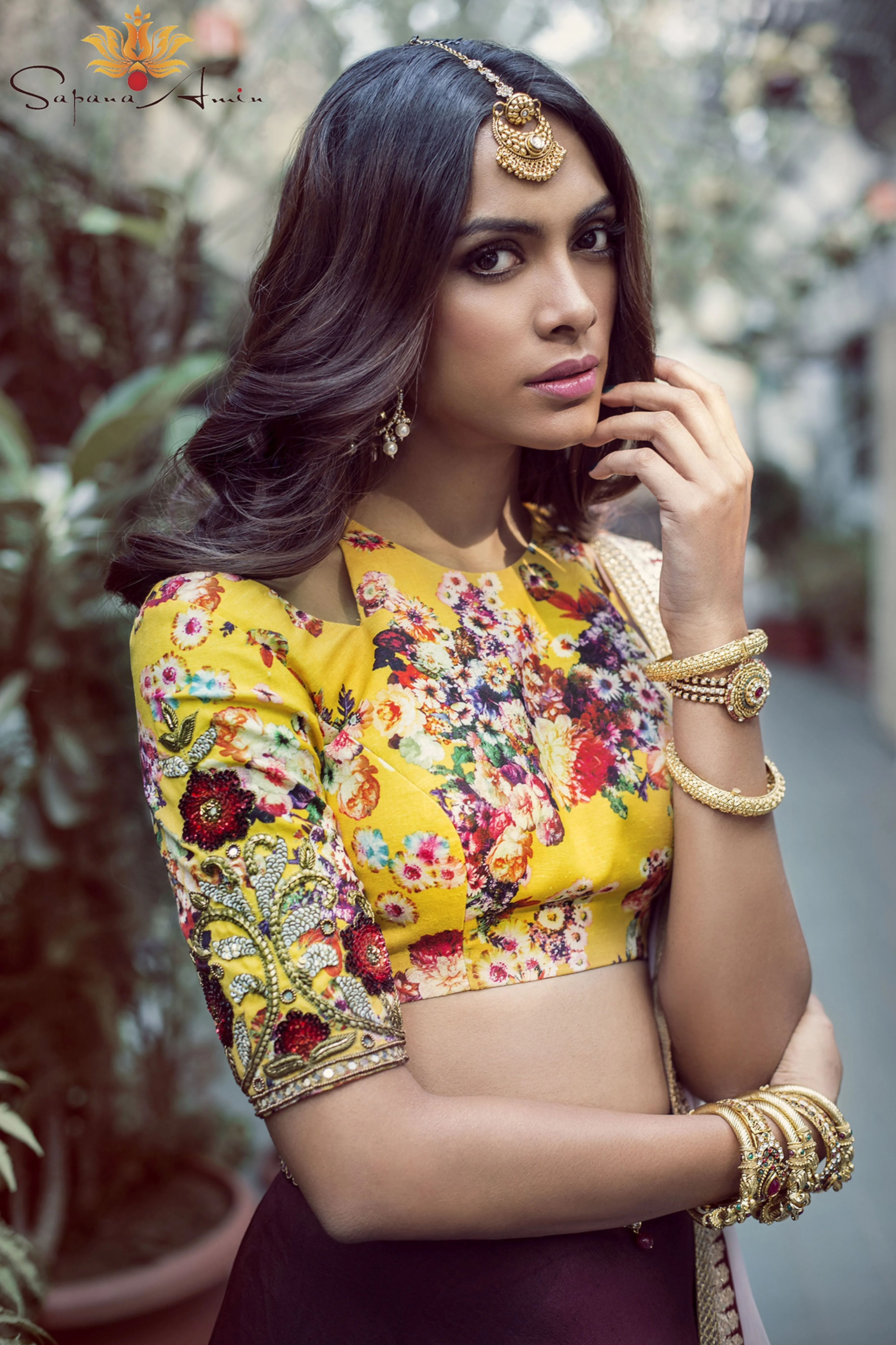 Yellow Floral Blouse Burgundy Lehenga