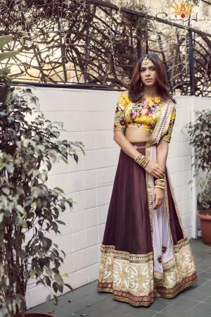 Yellow Floral Blouse Burgundy Lehenga